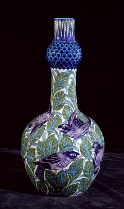 Gran botella con decoración de mirlo, pintada por Joe Juster, 1888-1904 de William de Morgan
